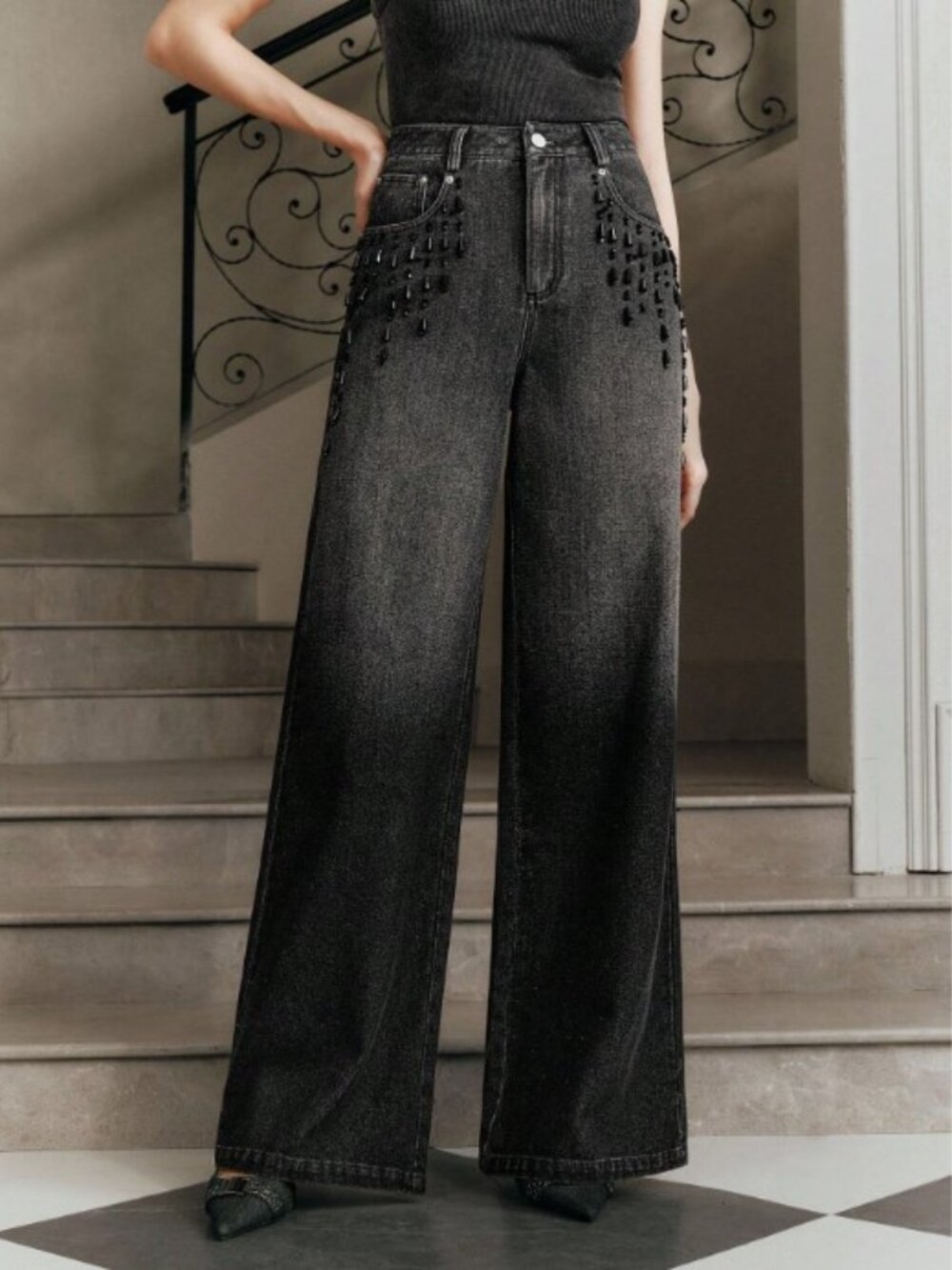 L05. Black Midnight Luxe Wide-Leg Denim with Embellished Detail